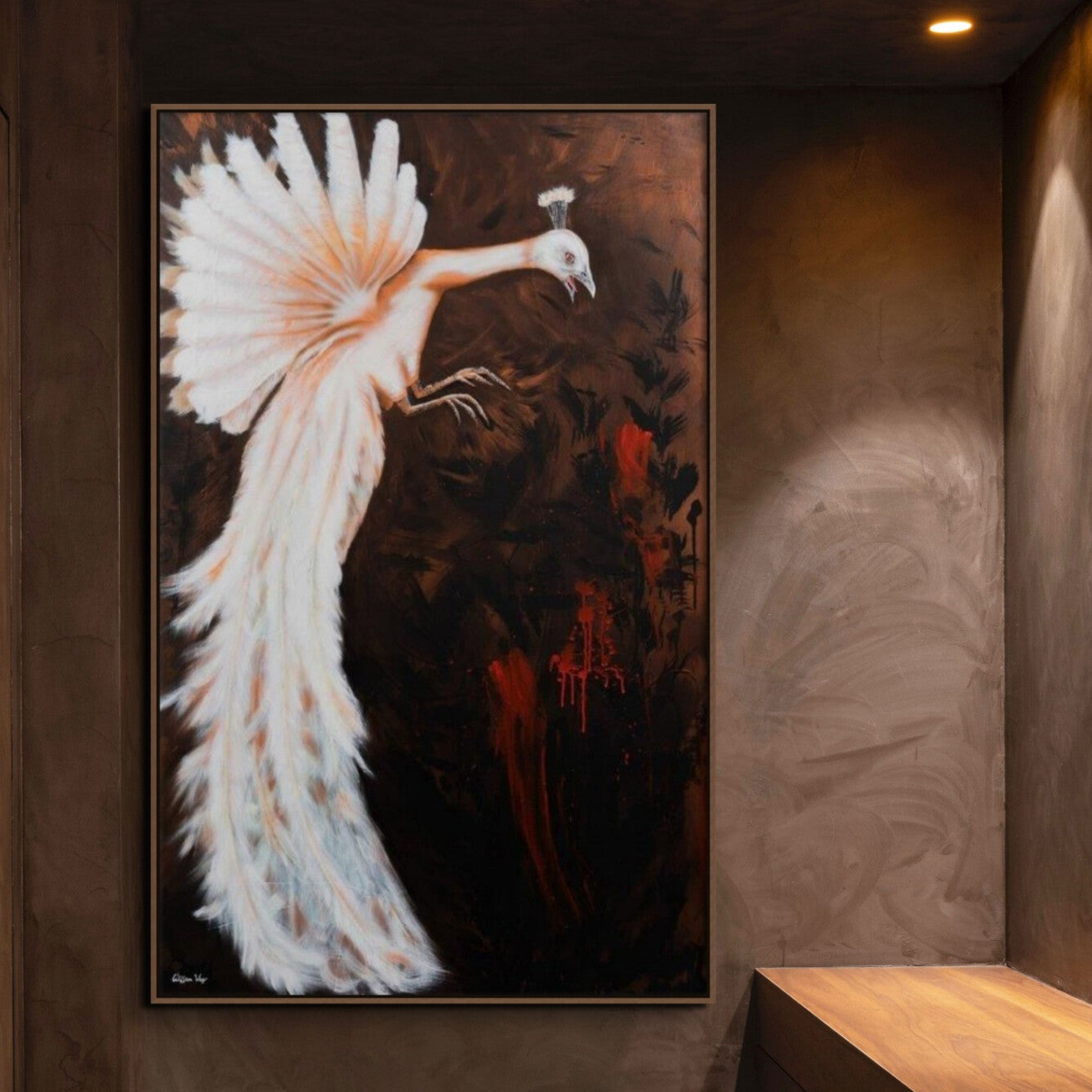 Fight Against Evil – symbolic white peacock painting by Dutch contemporary painter Willem Vos