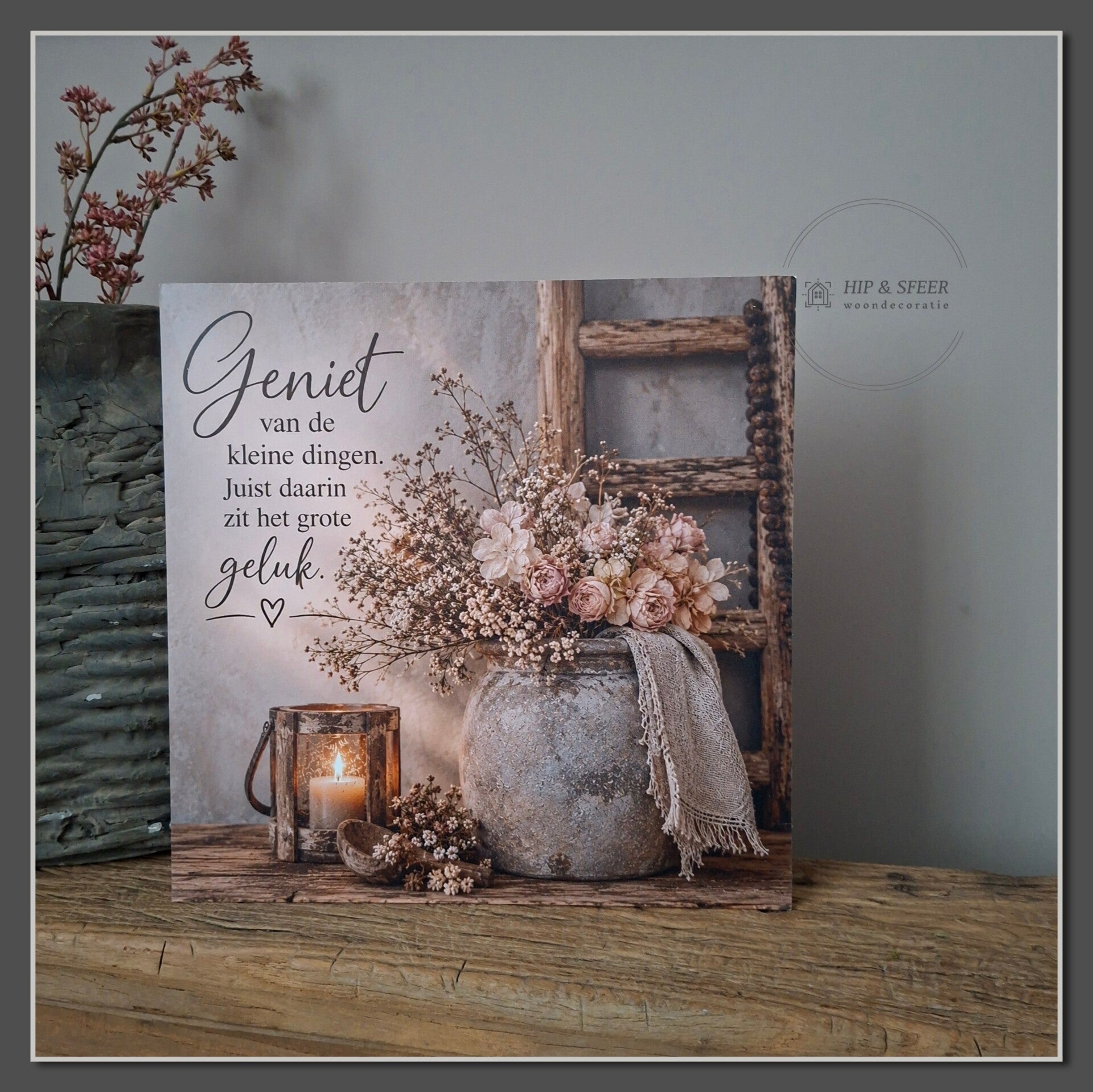 Houten muurbord 'Geniet geluk'