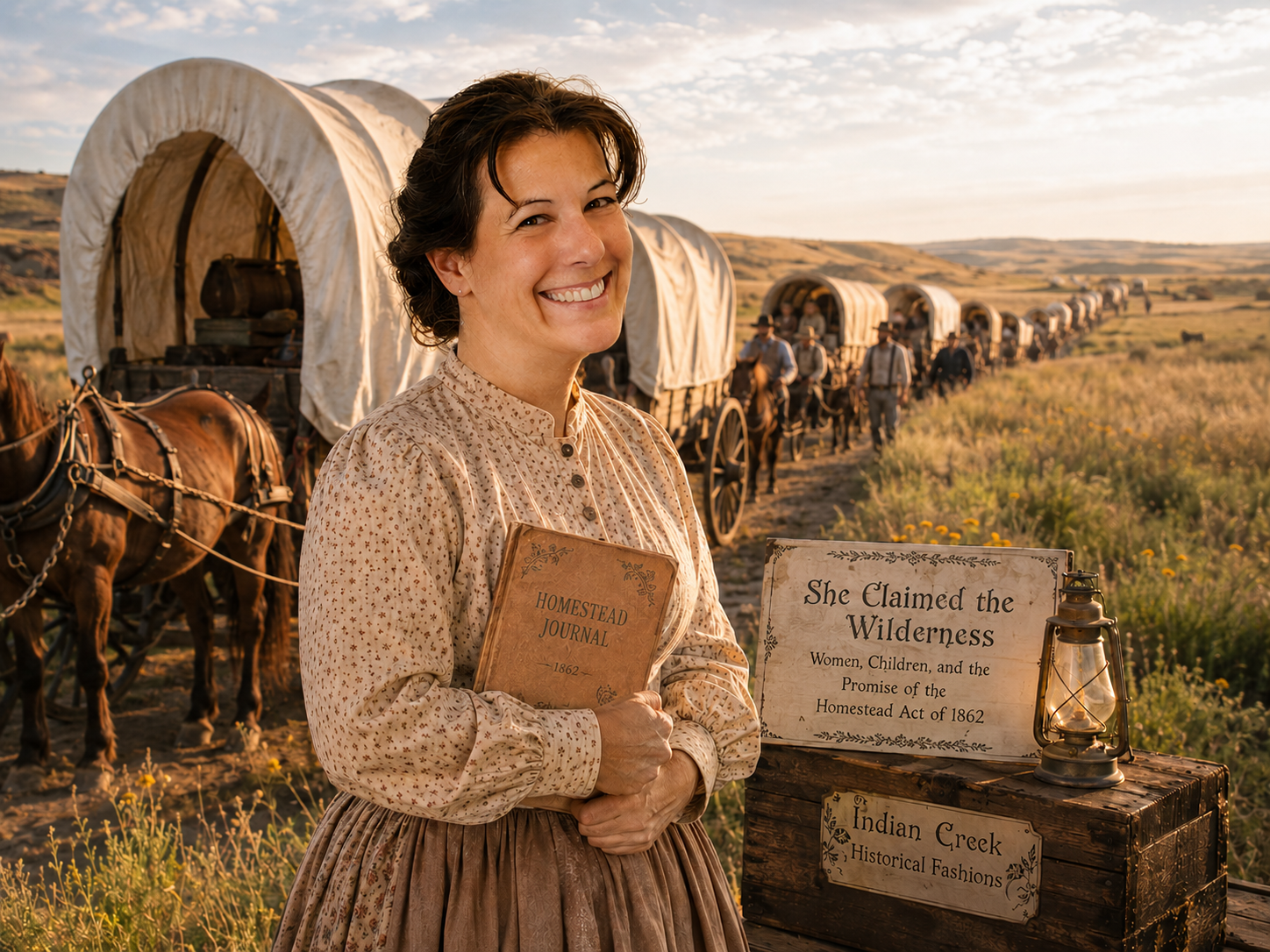 Handmade 1800s pioneer prairie dress and sunbonnet setup illustrating the history of women homesteaders and settlers on the Nebraska and Midwest plains.