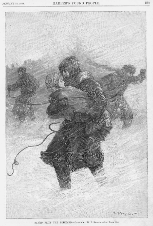 Historical storyteller portraying a pioneer settler woman detailing frontier survival and regional climate hazards during the Children's Blizzard of 1888 presentation.