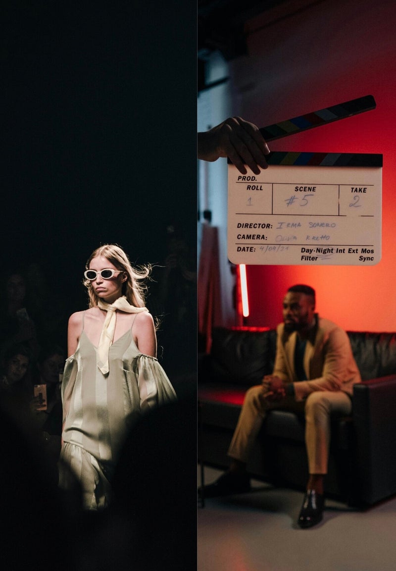 Side-by-side comparison of a fashion model and an actor on set