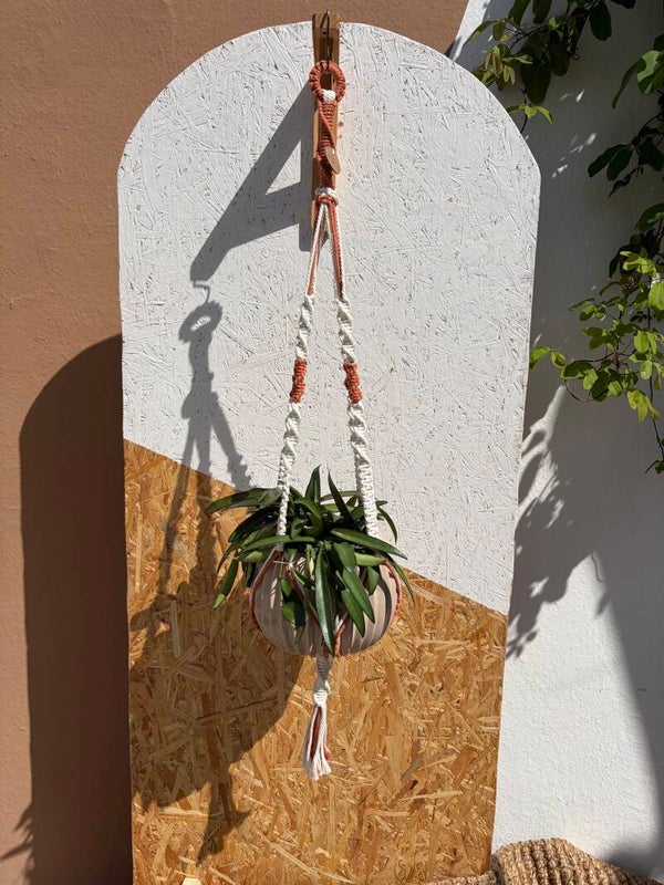 CANYON – Suspension Macramé Bicolore Coton Écru & Terracotta | Spirales & Nœuds Plats | 1 Pot Intérieur | Littlvro