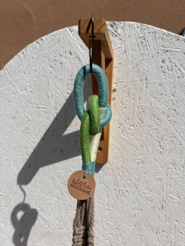 CANOPÉE – Suspension Macramé Coton Marron | Double Nœud Coloré Vert & Céleste | Nœuds Plats & Spirales | 1 Pot Intérieur | Littlvro