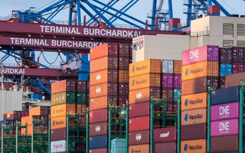 Shipping containers delayed at international port due to logistics congestion.