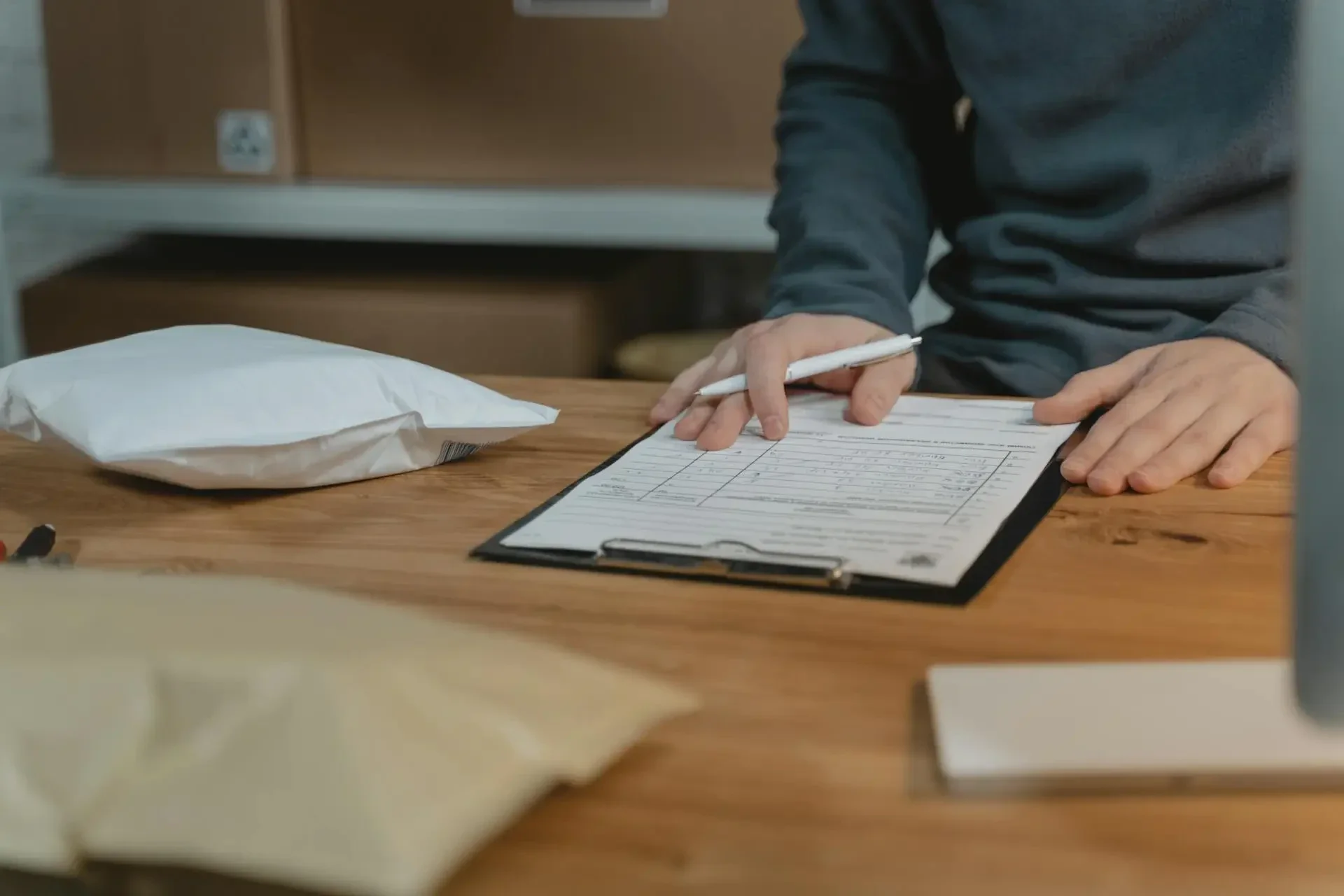 Food export documentation review — logistics coordinator checking shipping certificates and customs paperwork before departure