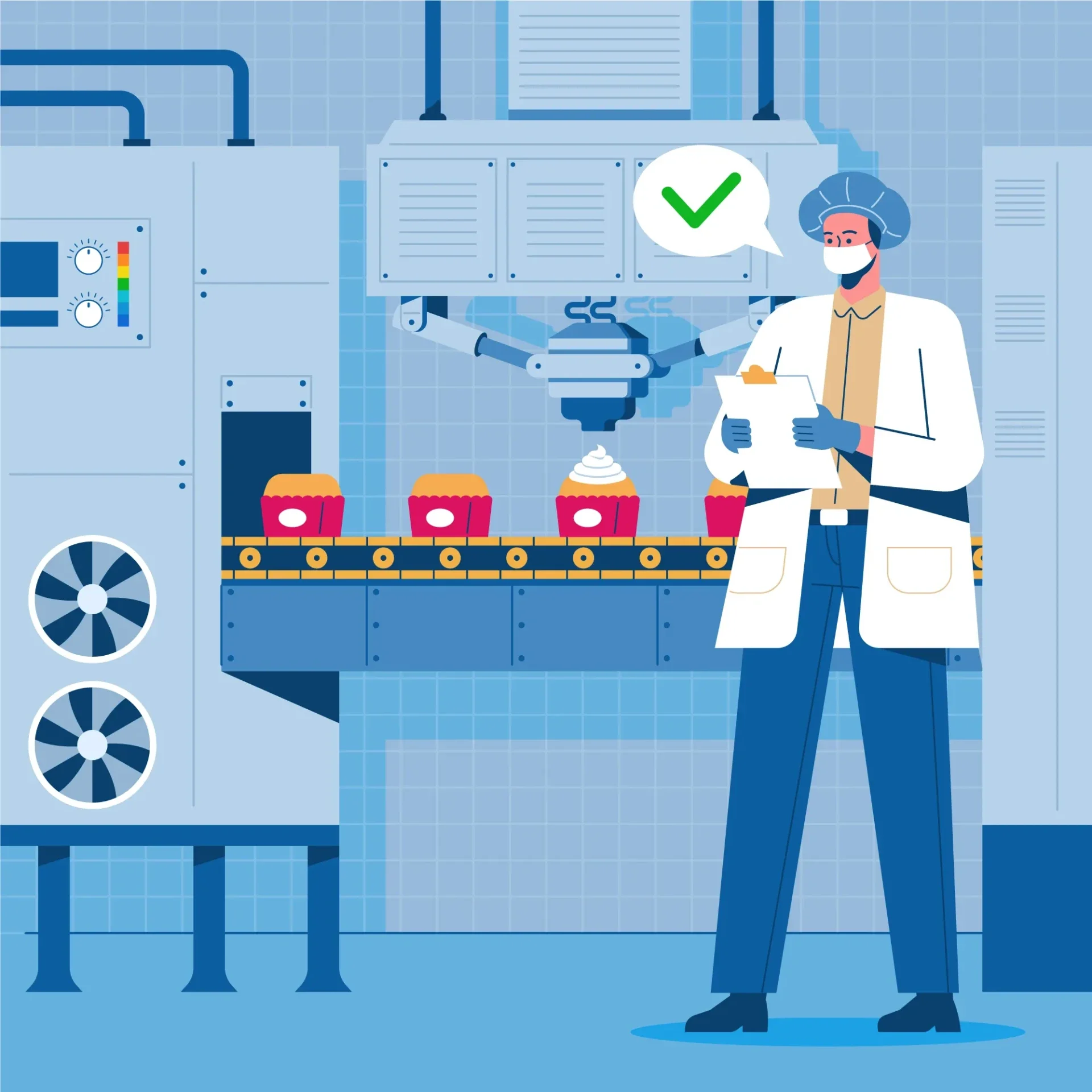Quality assurance systems in food export — inspector reviewing product standards at a food production facility for international shipment
