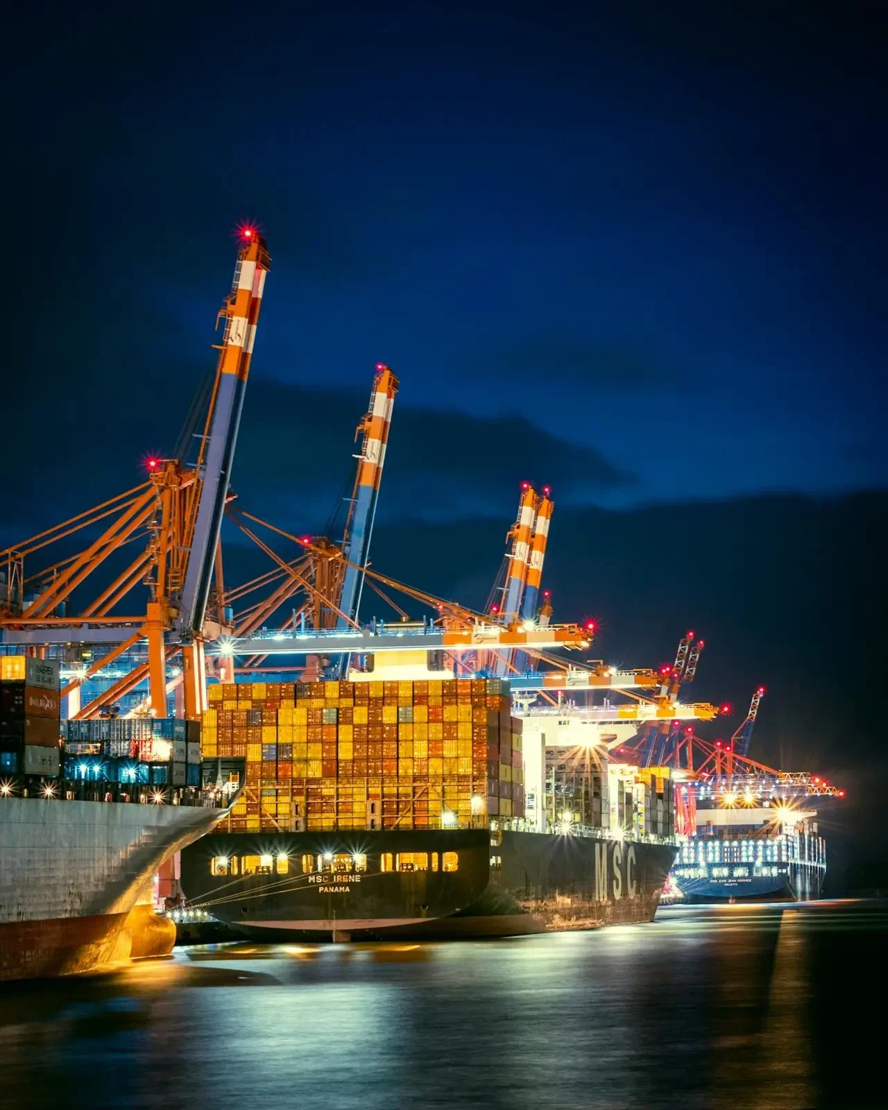 International food export logistics — container ship loading at Hamburg port for delivery to Africa and the Middle East