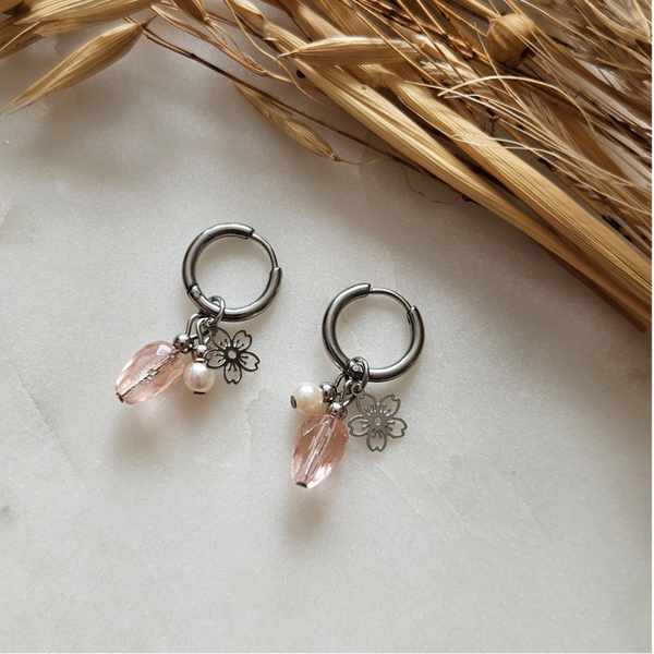 Oorbellen - zilver / pink & flower