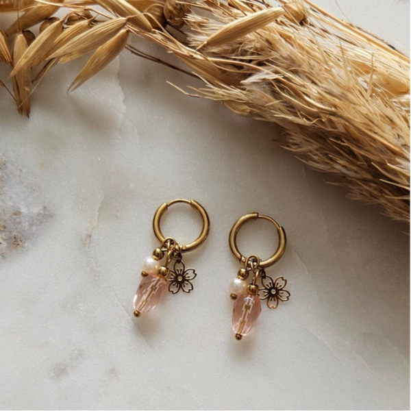 Oorbellen - goud / pink & flower