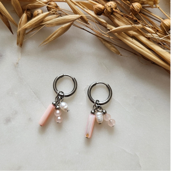 Oorbellen - zilver / pink & pearl