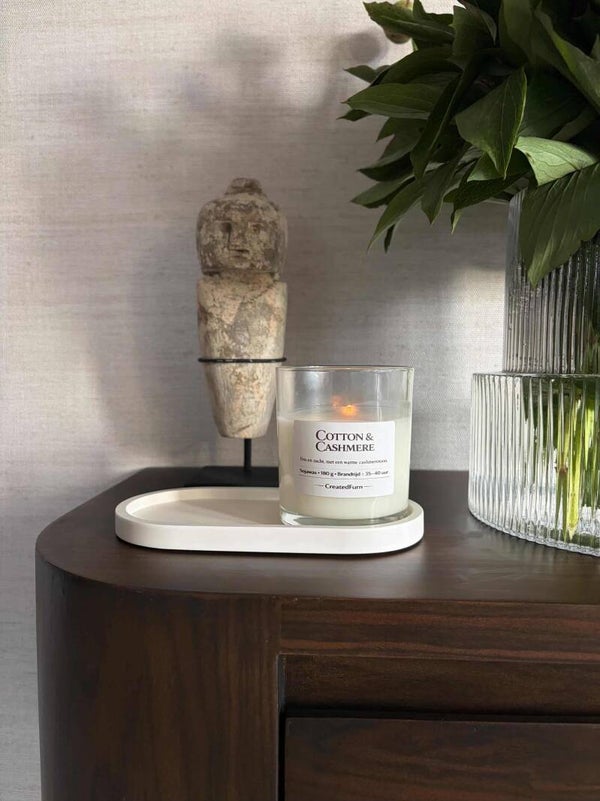 Set: Cotton & Cashmere kaars met ovale schaal