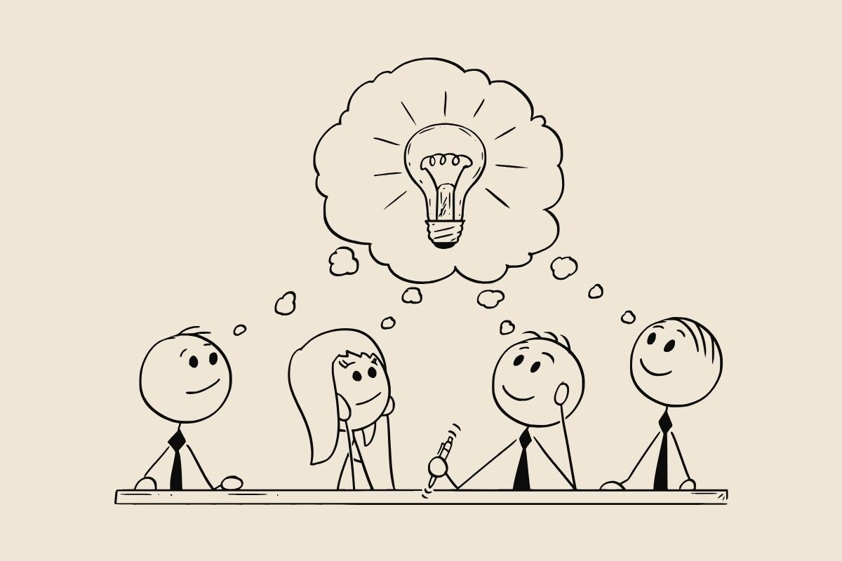 Line drawing of stick figures thinking together with a light bulb in a think bubble.