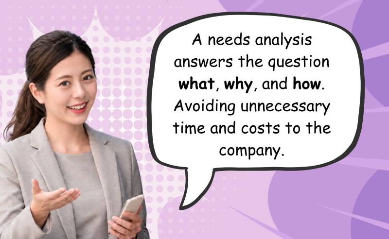 The female employee is looking at the reader and smiling. A speech bubble reads, "A needs analysis answers the question what, why, and how. Avoiding unnecessary time and cost to the company."