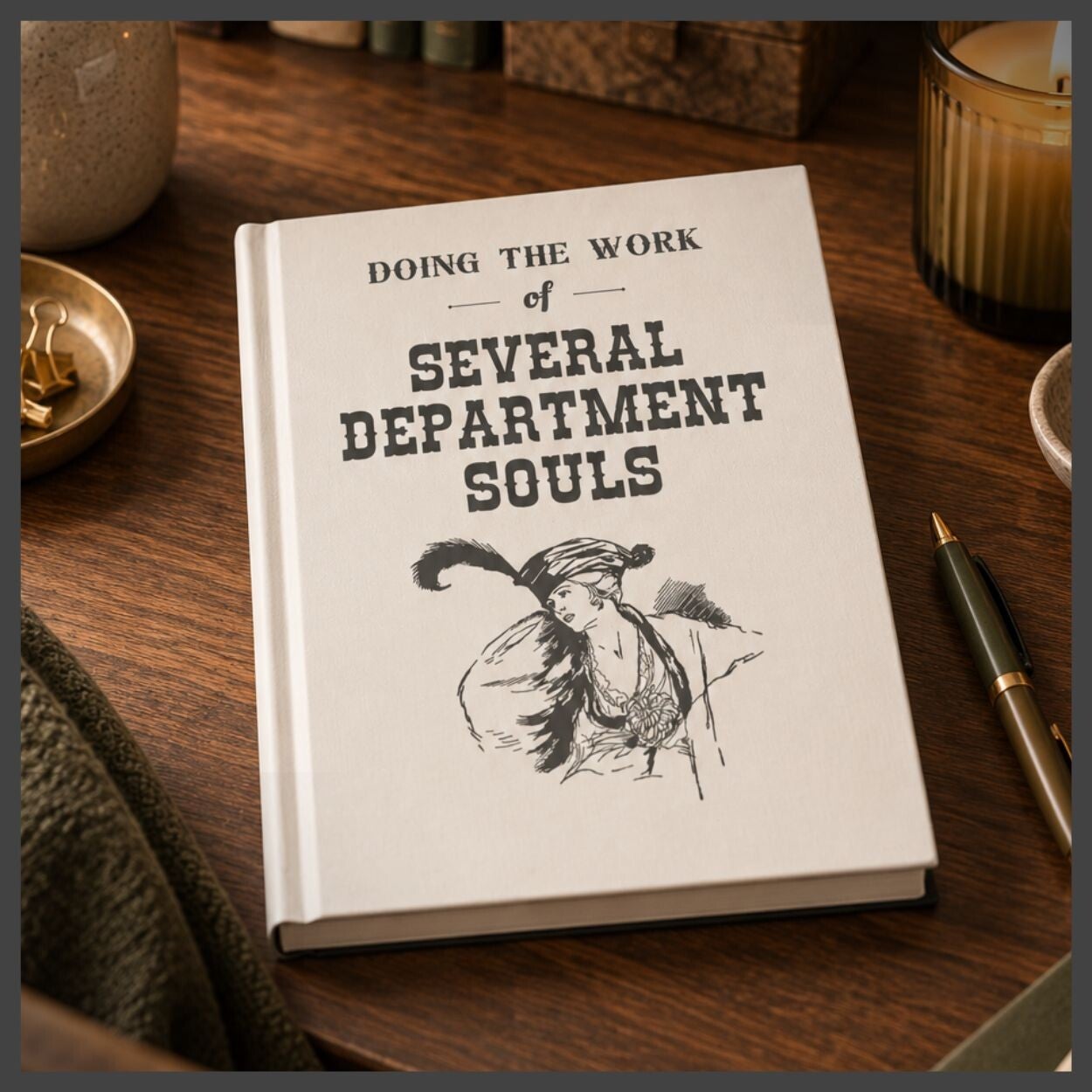 Funny hardcover journal titled "Doing the Work of Several Department Souls."