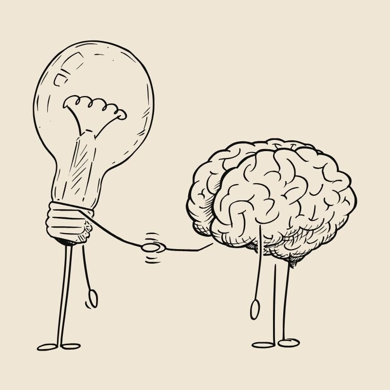 A line drawing of a lightbulb and brain shaking hands