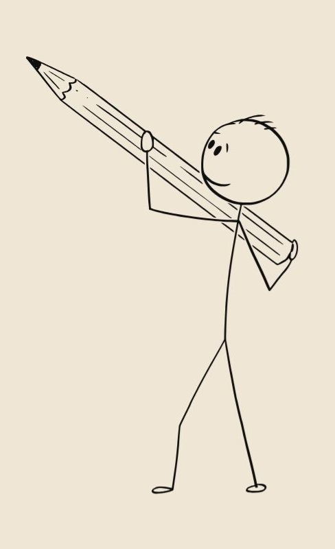 Sick figure holding a giant pencil in the air
