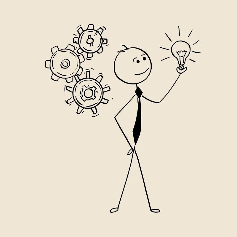 Stick figure holding a lit light bulb in the air with gears in motion by his head.