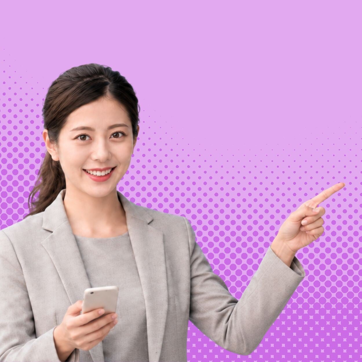 The female employee is smiling and pointing at the text to the right of her.