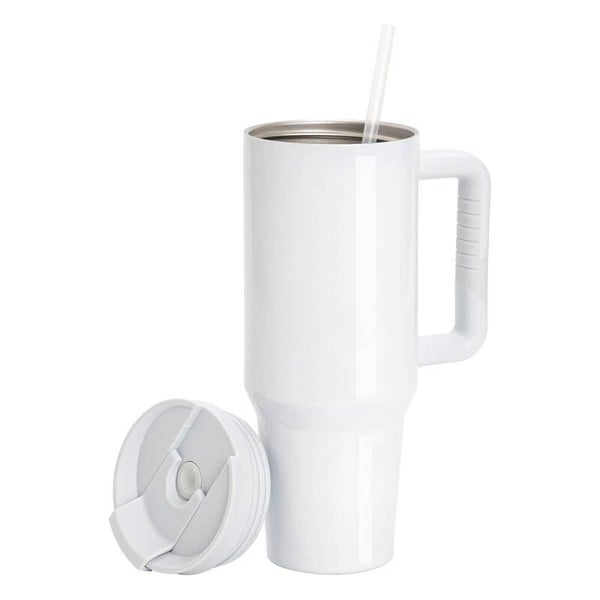 Sublimation – Edelstahl-Thermobecher mit Deckel und Trinkhalm, weiß