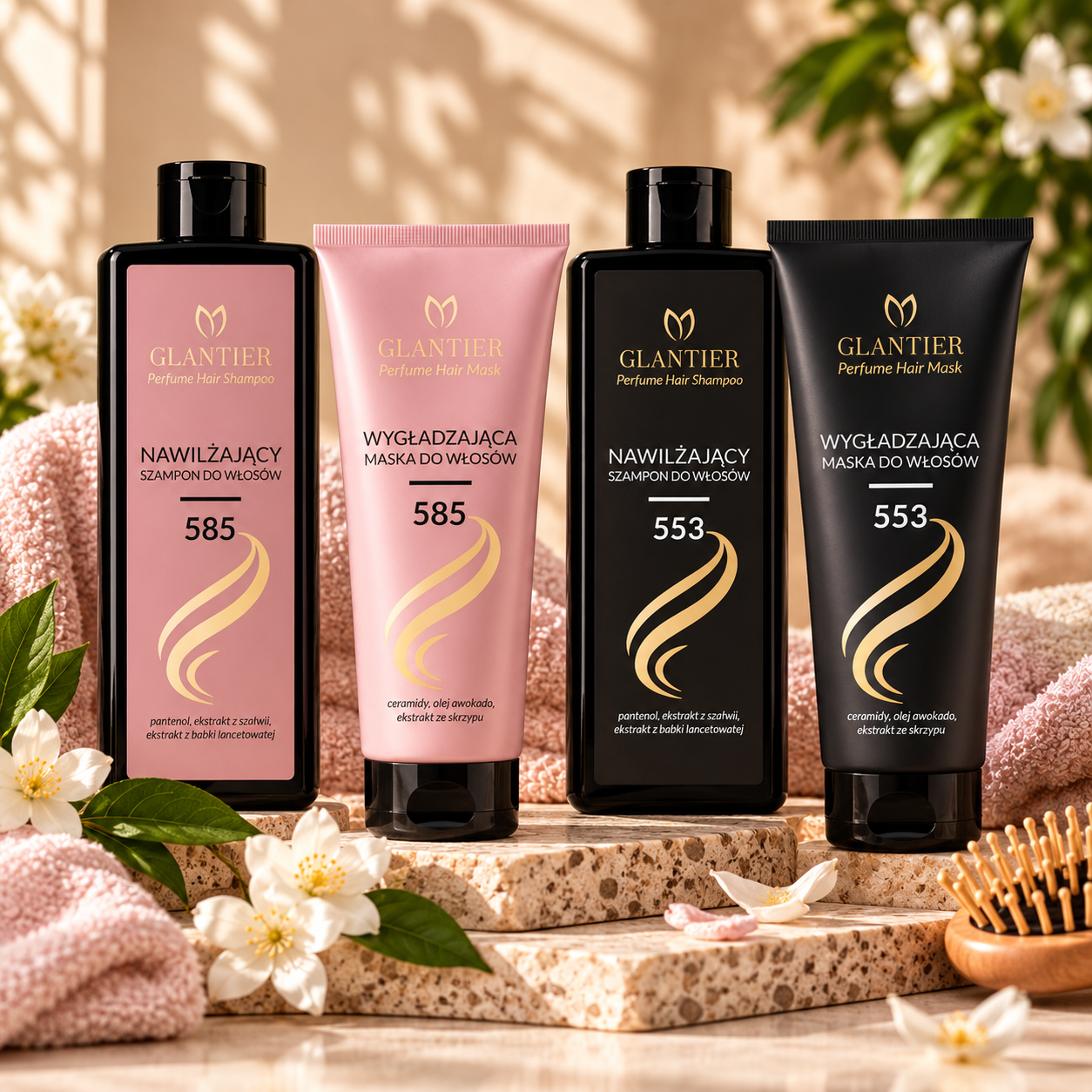 Parfum haarverzorging van Glantier met shampoo en haarmasker