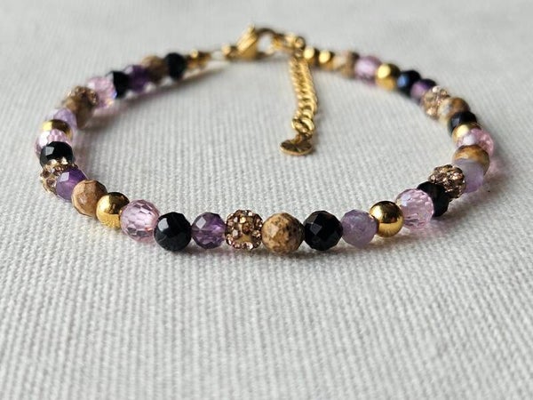 Beads by DEB  handgemaakte armband gouden stainless steel, edelstenen-black amethist