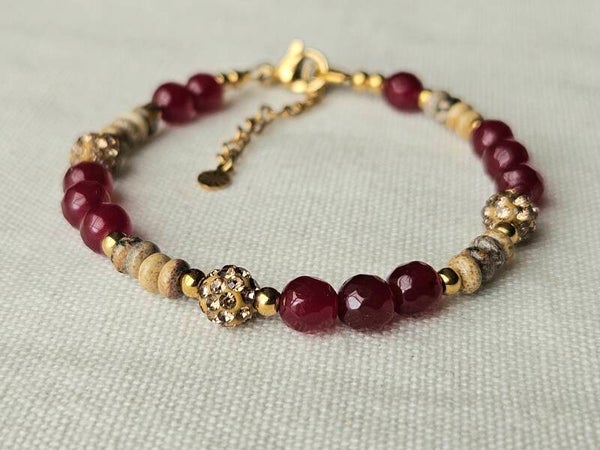 Beads by DEB Handgemaakte armband met edelstenen-rode smaragd, picture jasper & glitterkralen