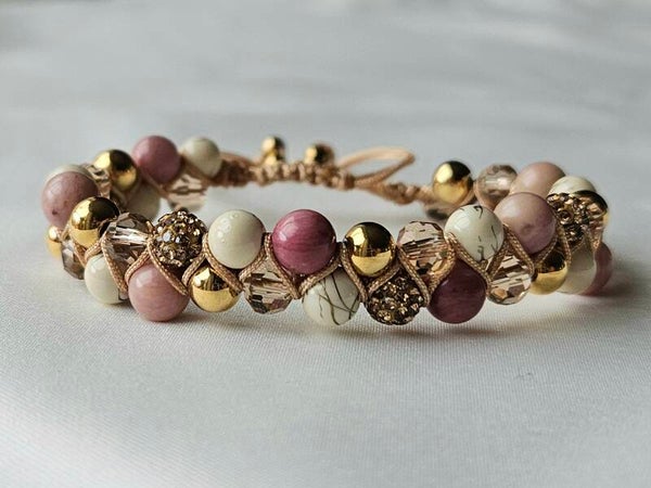Beads by DEB handgemaakte gevlochten armband  stainless steel met edelstenen ivoor