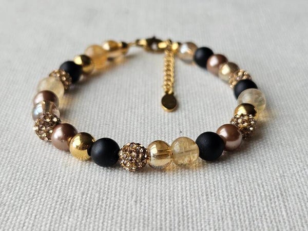 Beads by DEB handgemaakte armband  stainless steel met edelstenen-champagne zwart