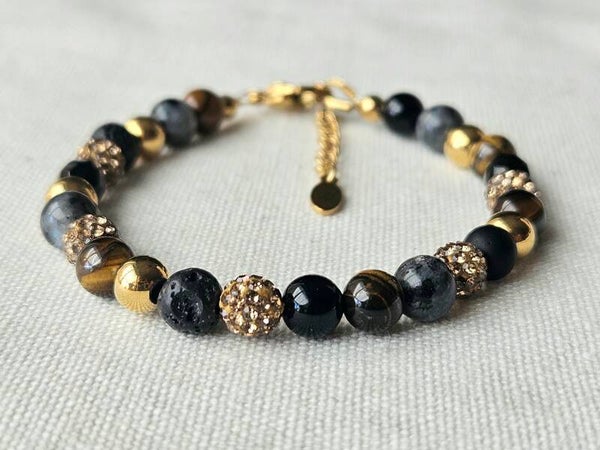 Beads by DEB handgemaakte armband stainless steel, edelstenen-tigereye, labradoriet