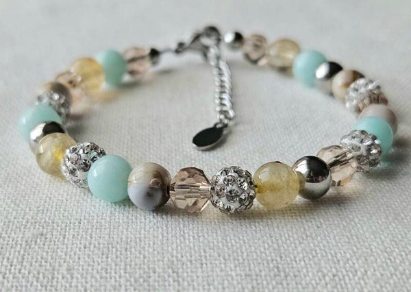 Beads by DEB handgemaakte armband zilver stainless steel, edelstenen -citrien, jade fris