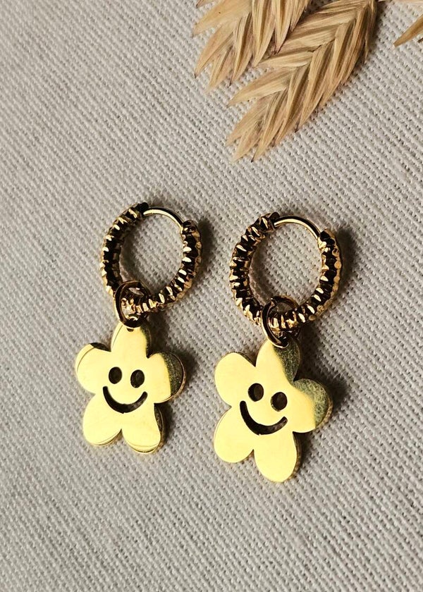 Stainless steel oorbellen smiley bloem