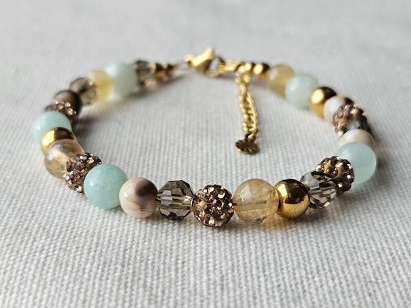 Beads by Deb handgemaakte armband goud stainless steel, edelstenen -citrien, jade