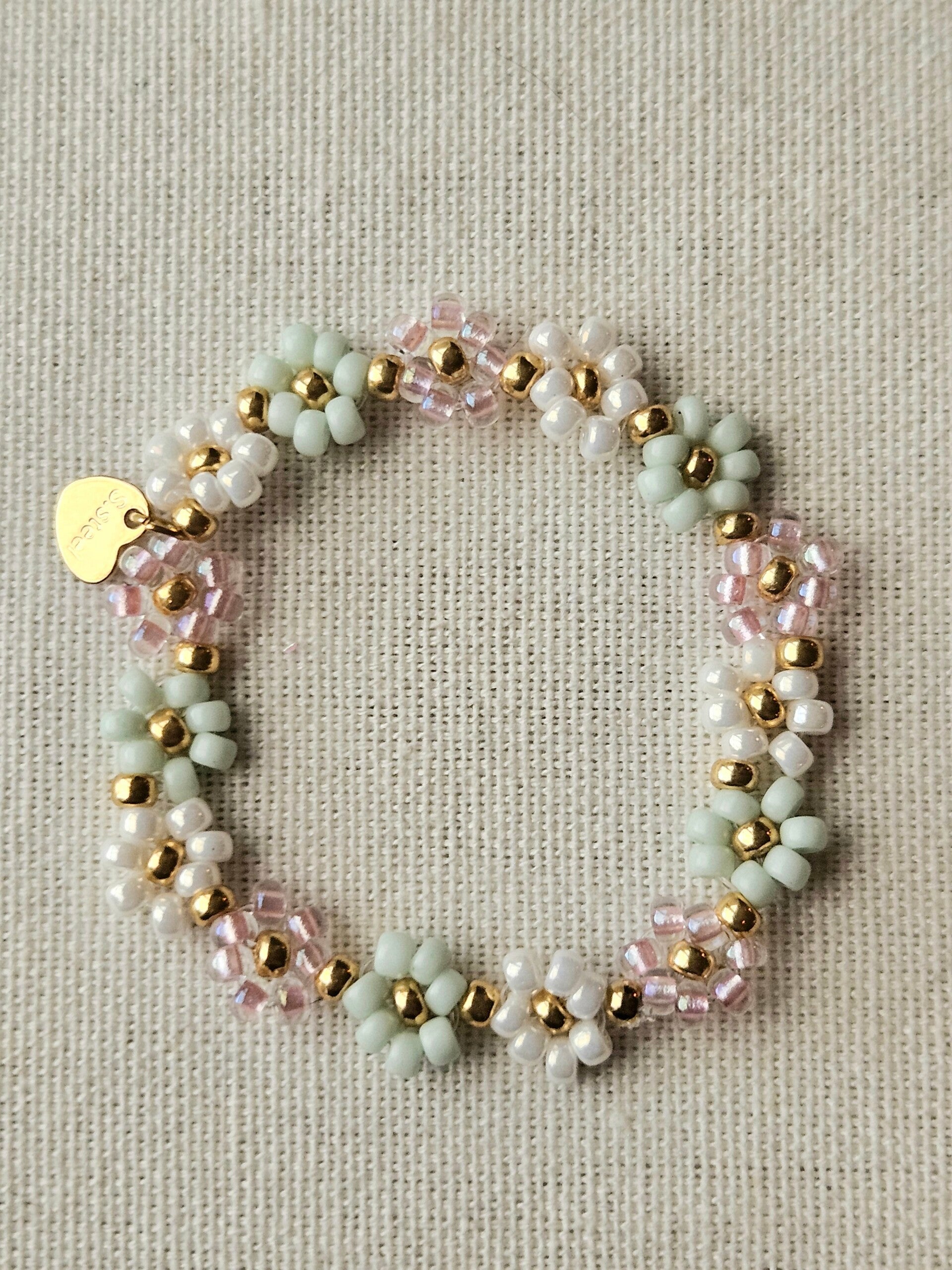 Beads by DEB handgemaakte elastische kinderarmband Miyuki glaskralen-bloemetjes-pastel(12 cm)