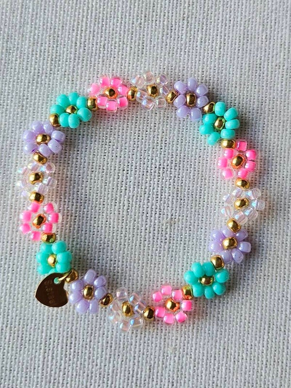 Beads by DEB handgemaakte elastische kinderarmband Miyuki glaskralen-bloemetjes-happy(13 cm)