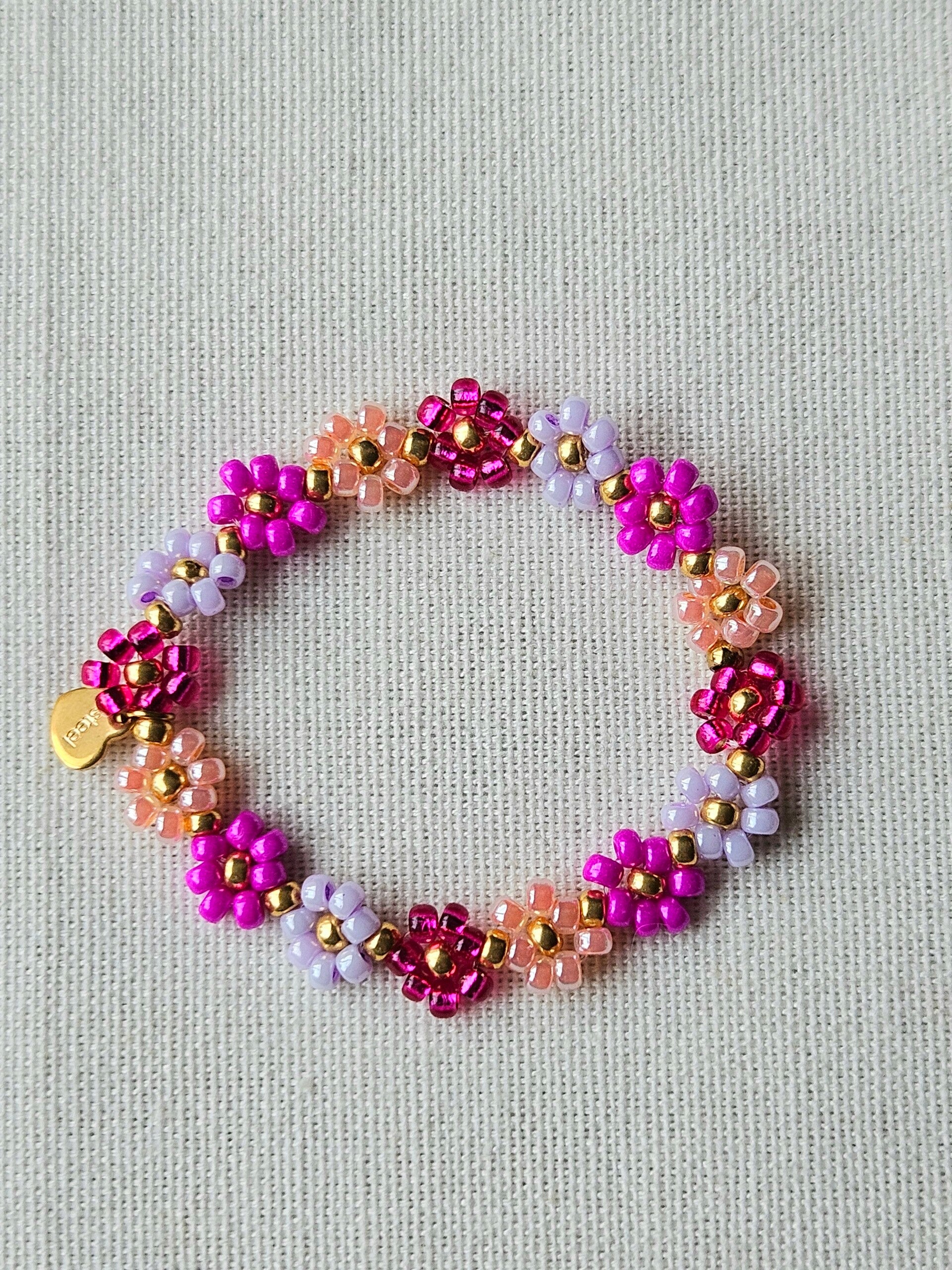 Beads by DEB handgemaakte elastische kinderarmband met bloemetjes-Miyuki  (13cm)