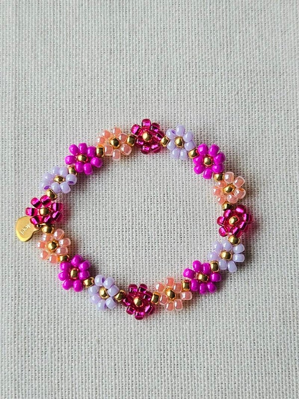 Beads by DEB handgemaakte elastische kinderarmband met bloemetjes-Miyuki  (13cm)