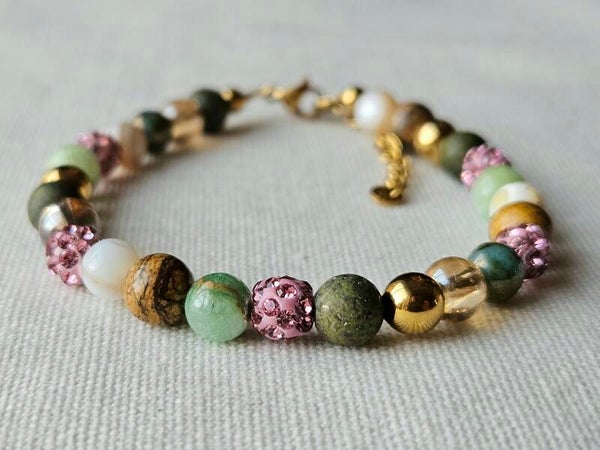 Beads by DEB handgemaakte armband edelstenen-stainless steel Roze groen