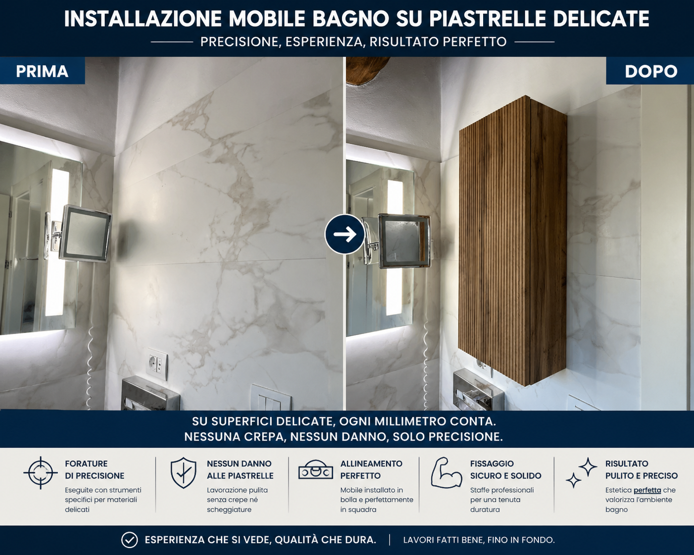 installazione-mobile-bagno-piastrelle-delicate-lucca-prima montaggio-mobile-bagno-sospeso-lucca-durante mobile-bagno-installato-piastrelle-marmo-lucca-dopo