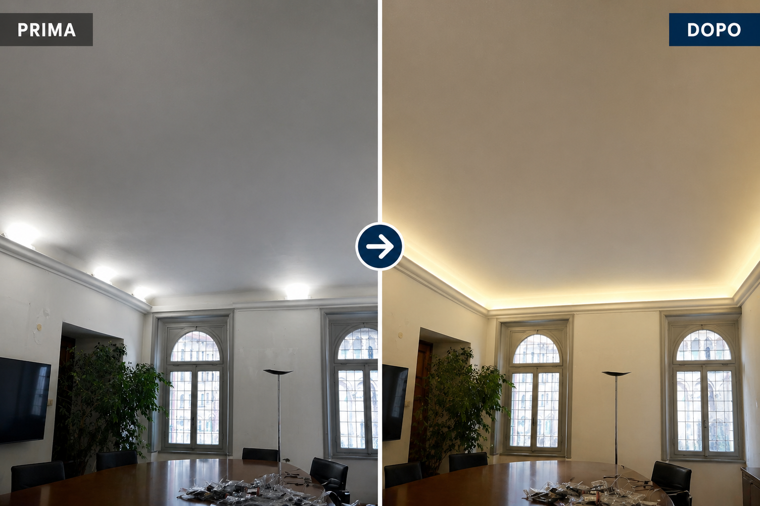 confronto illuminazione prima e dopo installazione led perimetrale lucca