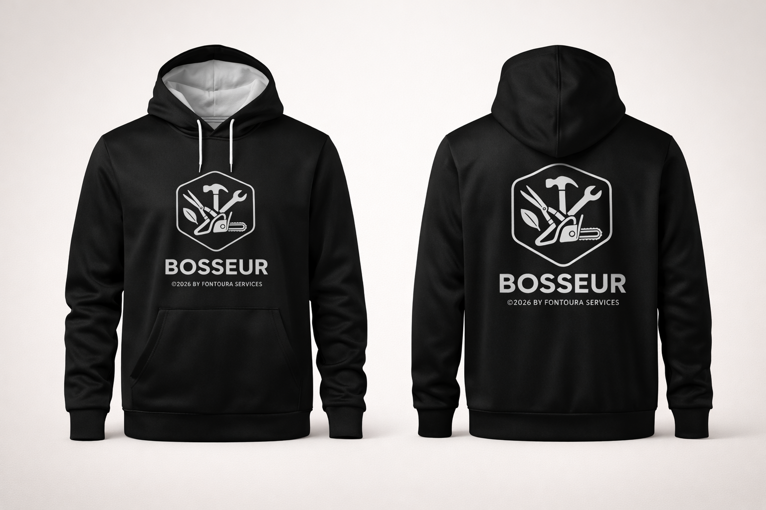 Sweat à capuche BOSSEUR – Noir Classique/Blanc Premium (logo poitrine & dos)