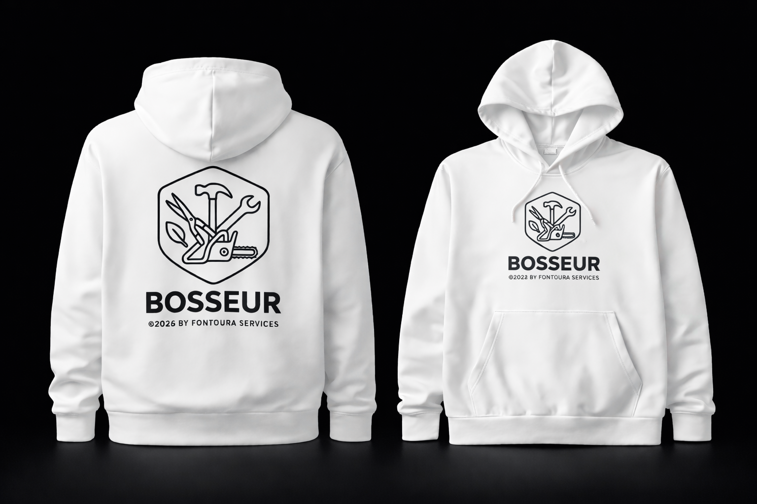 Sweat à capuche BOSSEUR – Blanc Premium (logo poitrine & dos)