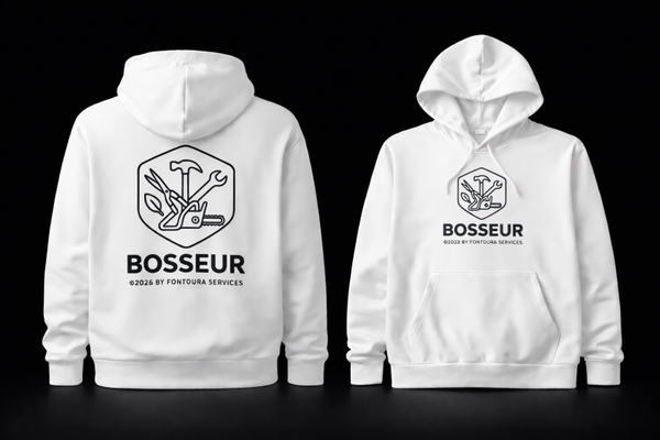Sweat à capuche BOSSEUR – Blanc Premium (logo poitrine & dos)