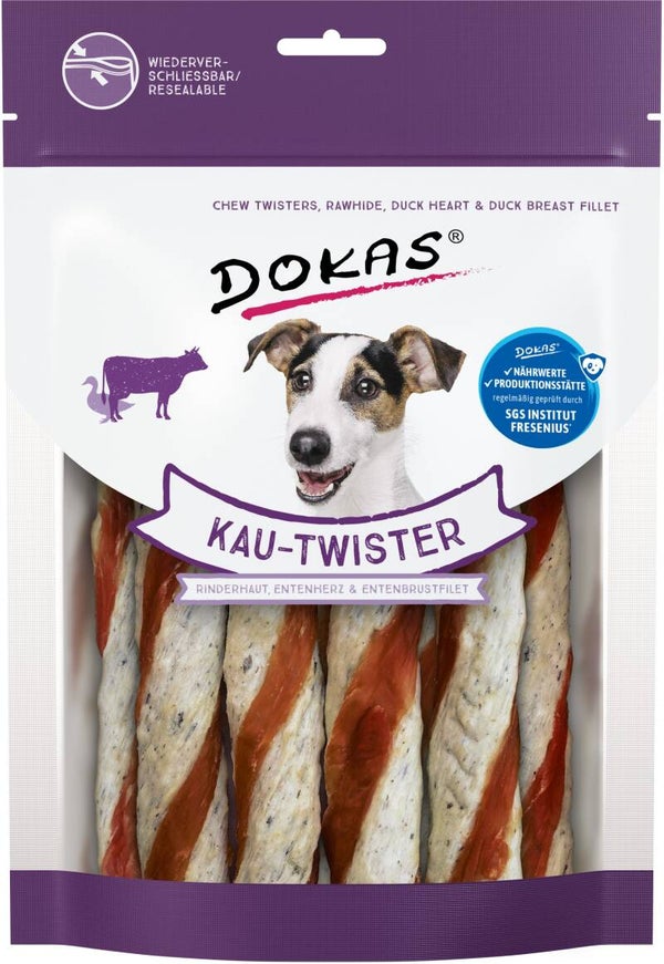 Dokas Kau-Twister Rinderhaut, Entenherz und Entenbrustfilet 200 g Hundeleckerli