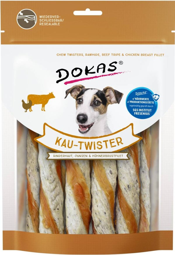 Dokas Kau-Twister Rinderhaut, Pansen & Hühnerbrustfilet 200 g Hundeleckerli