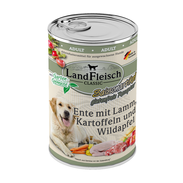 LandFleisch Dog Classic Ente mit Lamm, Kartoffeln Wildapfel und Gartengemüse 400g Hundenassfutter