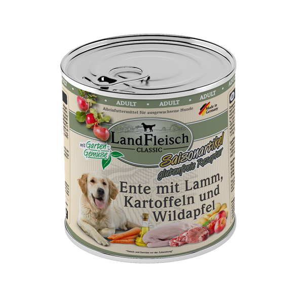 LandFleisch Dog Classic Ente mit Lamm, Kartoffeln Wildapfel und Gartengemüse 800g Hundenassfutter