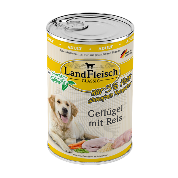 LandFleisch Dog Classic Geflügel mit Reis und Gartengemüse exta mager 400g Hundenassfutter