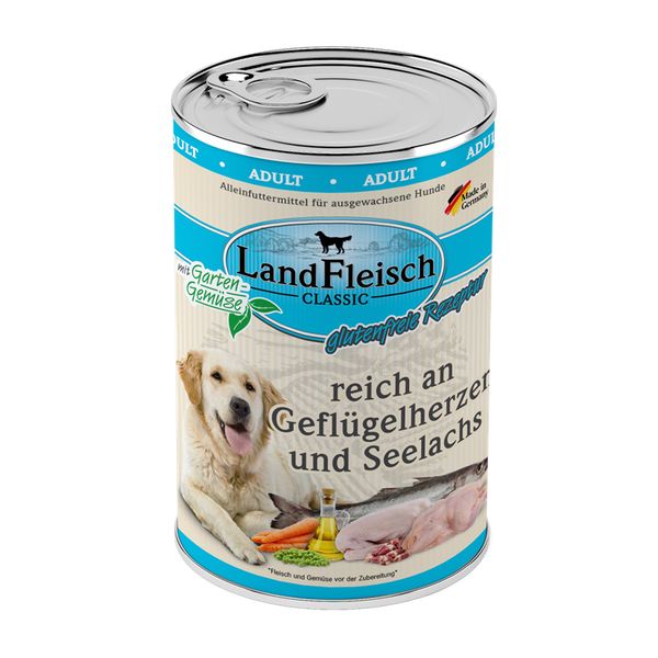 LandFleisch Dog Classic reich an Geflügelherzen und Seelachs mit Gartengemüse 400g Hundenassfutter