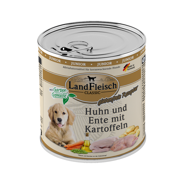LandFleisch Dog Classic Junior Huhn, Ente und Kartoffeln mit Gartengemüse 800g Hundenassfutter