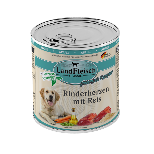 LandFleisch Dog Classic Rinderherzen mit Reis, Wildapfel und Gartengemüse 800g Hundenassfutter